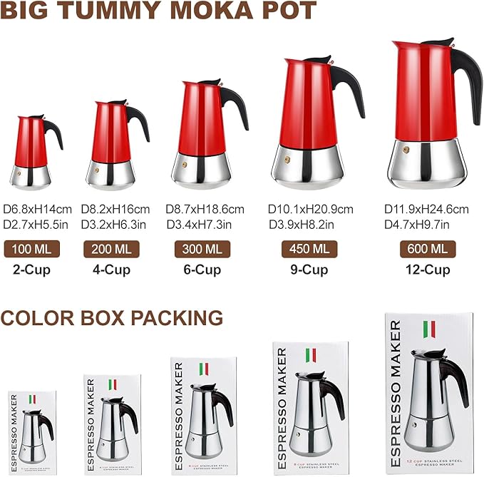 2 Cup Stovetop Espresso Maker Stainless Steel Moka Pot Stove Top Percolator Italian Coffee Makers Capable Mocha Greca Machine Cafe Classic Induction Cookers for Home and Camping 100ml 3.3oz