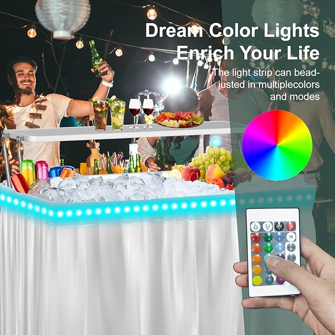4 Foot Led Ice Cooler Table, Two-Tier Outdoor Cooler Table with Removable Matching Skirt LED Light Strip Drain Plug and Shelf, Plastic Chill Tables to Keep Drinks Cool for Party, Camping, Picnic