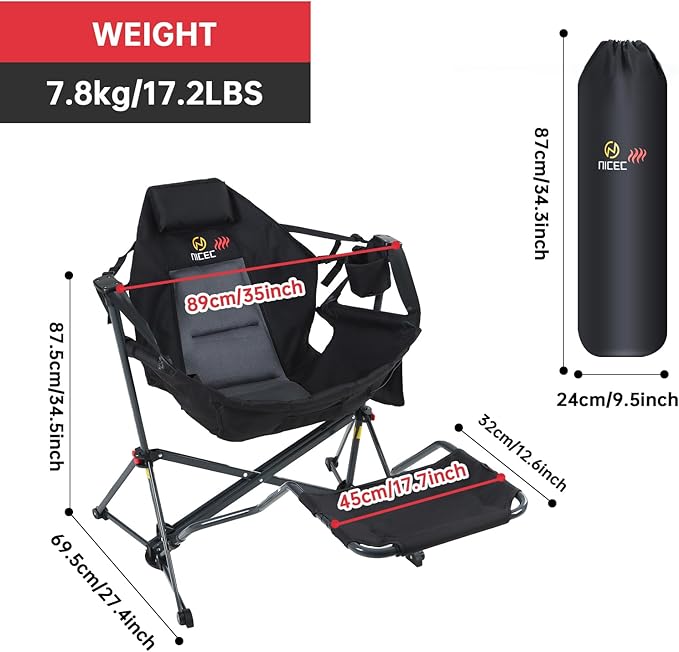 Nice C Heated Hammock Camping Chair with Footrest, Heated Camping Chair with Battery, Rocking Swing Chairs, Hammock Chairs with Stand, Heavy Duty (1, Heat Black W/Footrest)