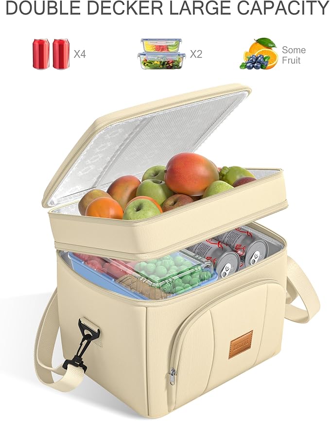 Rnivvi Lunch Box for Women, Double Decker Insulated Cooler Bag Lunch Bag Reusable Leakproof Tote Lunch Container with Strap for Work Family Picnic Camping, 18 Cans 12L, Large Adults, Apricot White