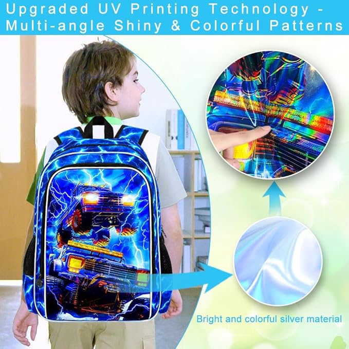 17" Truck Backpack for Boy, 3Pcs Lightning Bookbag for Elementary Preschool Kindergarten, Kids School Thunder Backpacks with Lunch Box (Blue)