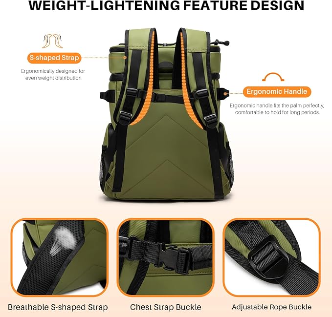 NOL Natural Organic Lifestyle Double Deck Large Waterproof Insulated Cooler Backpack for Men & Women, 32L/57 Cans Leak Proof Cooler Lunch Backpack for Picnic, Camping, Beach, Outdoor, Amy Green