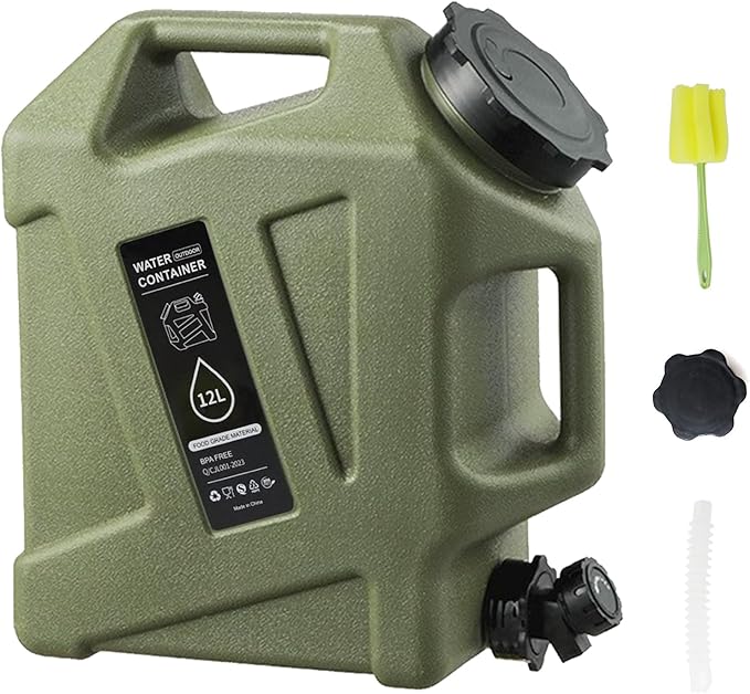 3.2 Gallon Water Jug,12L Portable Water Container with Spigot, Cleaning Brush, Detachable Hose & Extra Lid, Dual Handles Design, BPA-Free Camping Hydration Canteen, Outdoor Tank Storage PE - Green