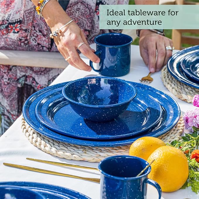 Cinsa 23 Piece. Enameled Dinnerware Camping/Outdoor Set for 4. Includes Plates, Bowls, Mugs, Coffee Boiler.