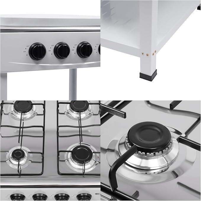 4 Burner Gas Stove, Portable Outdoor Stove with Double storage shelves and Independent Knobs, Heavy Duty Propane Gas Cooker with Wind Blocking Cover for Outdoor Camping BBQ(White)