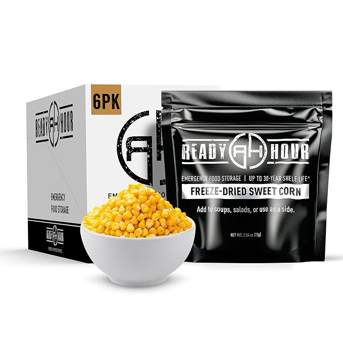 Ready Hour Freeze-Dried Corn Case Pack – Emergency Food, Long-Term Storage, Bulk Vegetables, Shelf-Stable Survival Supplies, Prepper Pantry Essential– 48 Servings (6 Pouches)