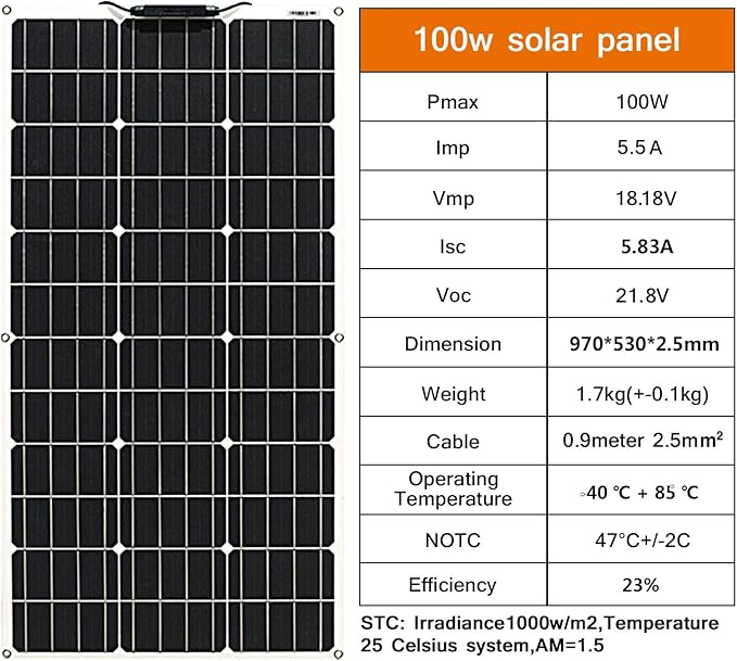 100W 12V Flexible Solar Panel Monocrystalline Cell for 12V Battery Charge Marine RV Trailer Boat Cabin Van Car Uneven Surfaces