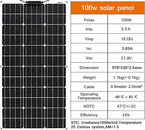 100W 12V Flexible Solar Panel Monocrystalline Cell for 12V Battery Charge Marine RV Trailer Boat Cabin Van Car Uneven Surfaces