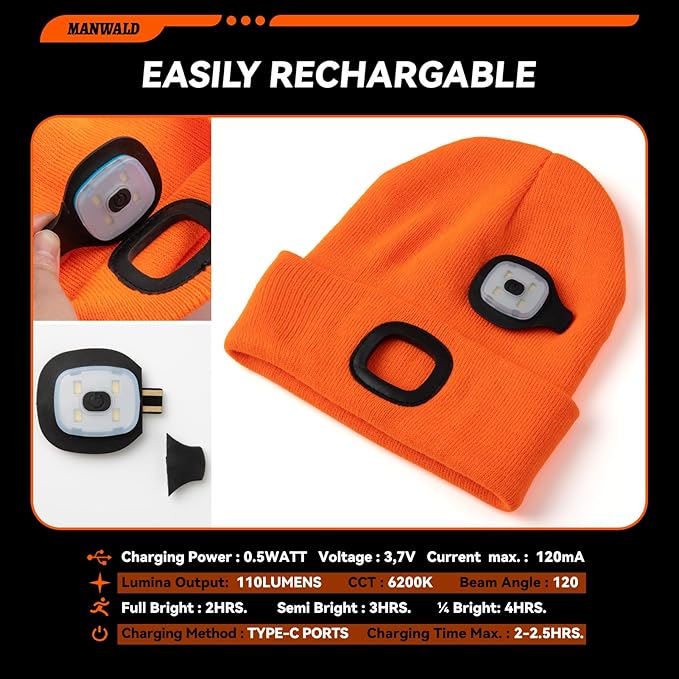 LED Beanie Hat with Light, USB Rechargeable LED Headlamp, Birthday Gifts for Women Adults, Gifts for Men dad Husband, Boyfriend, Orange, 2PCS