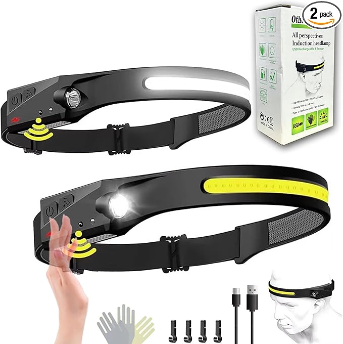 Headlamp, 5Mode 230° Wide Beam Led Head Band Lamp,Rechargeable Motion Sensor for Adults, for Forehead, Hard Hat Headlight, Camping Essentials (2)