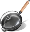 8.7" Cast Iron Skillet with Lid & Removable Wooden Handle, Pre-Seasoned Frying Pan for Stove, Oven, Grill & Campfire Cooking