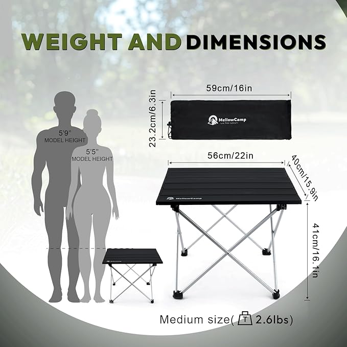 MellowCamp Camping Side Table, Ultralight Aluminum Folding Table, Small Compact Portable Ideal for Beach, Outdoor Cooking, Hiking, Camping, Picnics (Black,Medium)