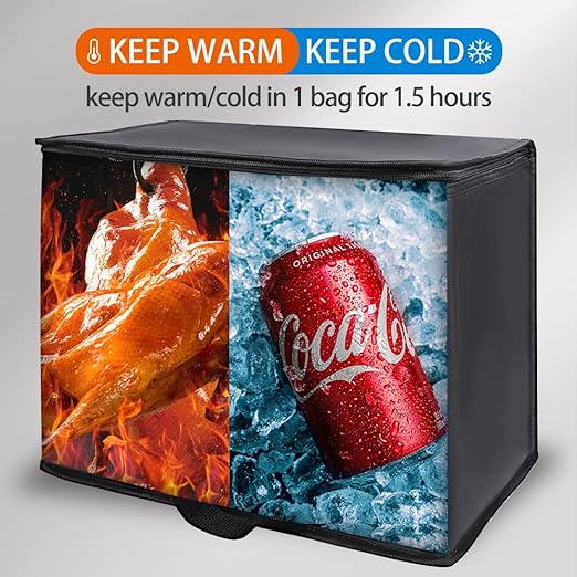 Bodaon 1-Pack Insulated Reusable Grocery Shopping Bags, X-Large Picnic Cooler Bag with Zipper Zippered Top Cold, Insulated Food/Pizza Delivery Bag (Black)