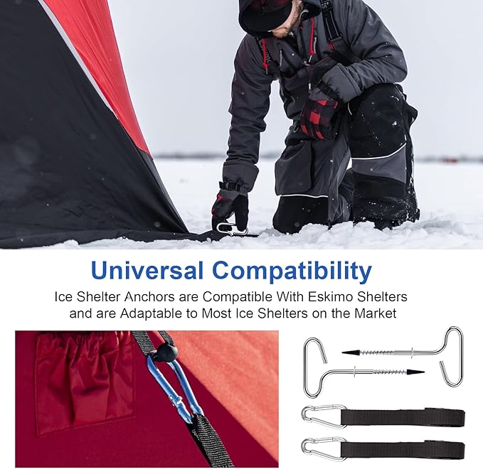 Deluxe Shelter Tie Down Kit 24260 Fit for Eskimo Ice Fishing Tent, Ice Shelter Anchors Accessories for Setting Up Shelter Shanty - Includes 2 Cam Straps & 2 Self-tapping Ice Anchors with Strong Grip