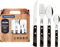 Tramontina Cutlery Set with Steak Knives, 24 Piece Sharp Knife, Forks, Teaspoons, Tablespoons with Wooden Handles, ‎Camping, Kitchen, Rustic, Dishwasher Safe, 21199905