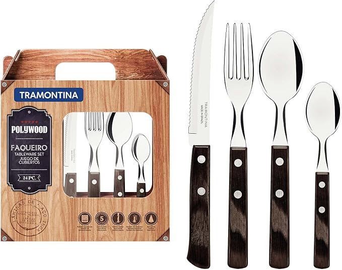 Tramontina Cutlery Set with Steak Knives, 24 Piece Sharp Knife, Forks, Teaspoons, Tablespoons with Wooden Handles, ‎Camping, Kitchen, Rustic, Dishwasher Safe, 21199905