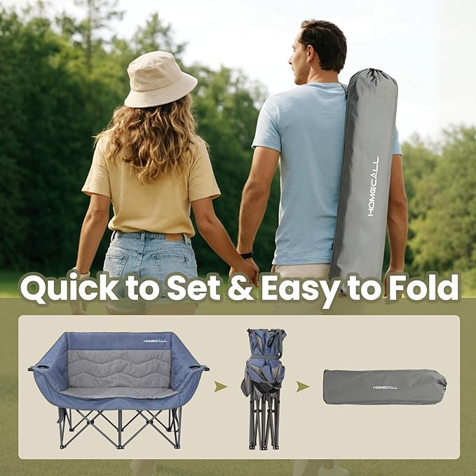 Double Camping Chair for Adults - Heavy Duty Folding Loveseat Support 700 lbs, 2 Person Padded Camping Couch Portable with Cup Holders & Storage Bag for Camping, Lawn, Sports, Blue