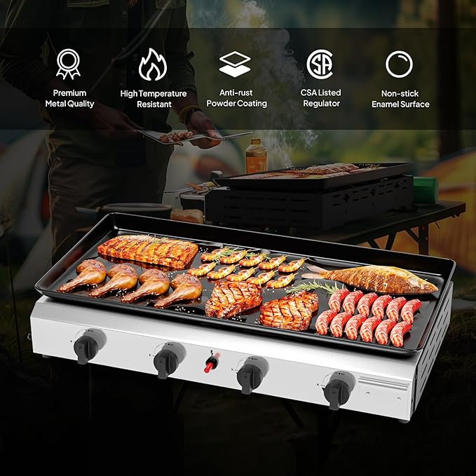 Bonnlo 4 Burner Portable Propane Griddle, 40,000BTU Gas Grill with Enameled Tray, Rolling Flat Top Gas Grill with Electronic Ignition & Regulator for Outdoor Camping Cooking BBQ