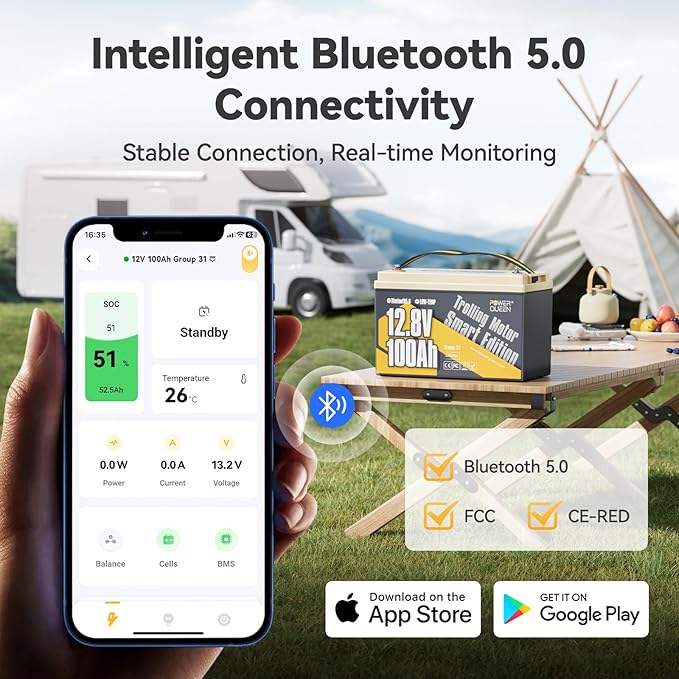 Power Queen LiFePO4 Battery 12V 100Ah Bluetooth Group31 Deep Cycle Battery, Max. Output Power 1280W, 100A BMS with Low-Temp Cut-off Protection for RV, Trolling Motors, Solar System