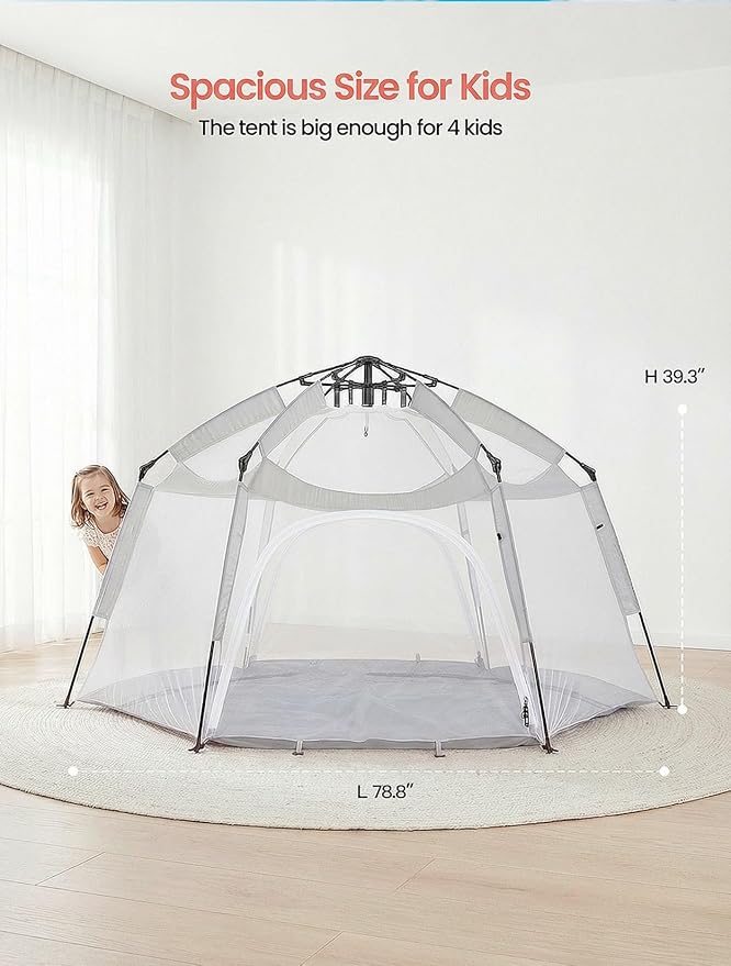 Portable Large Kids Beach Tent Shelter with Canopy UV Cover, Indoor Outdoor Camping Tent,with Thick Removable Floor for Sleeping Or Beach Shelter (Light Grey)