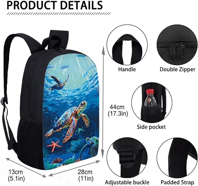 Turtle Backpack for Kids Boys Backpack 3-Piece Set Backpacks with Lunch Box Kids Bookbag for Travel Kindergarten Elementary Middle Mochilas Escolares Para Niños with Wrist Strap Keychain