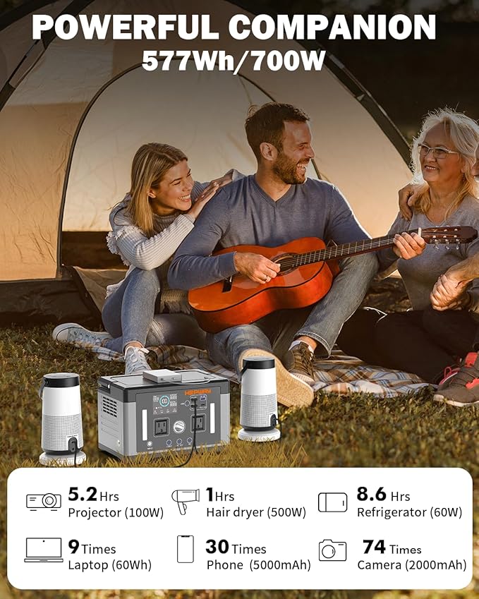 Portable Power Station 700W,Solar Electric Generator 577Wh Pure Sine Wave 120V AC,PD 60W,Car Port Outlets Surge 1000W,Inverter Generator Home Backup Battery for CPAP,Camping,RVs,Blackouts