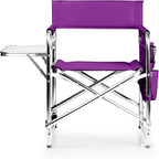 PICNIC TIME Sports Chair with Side Table and Armrest Caddy, Lightweight Aluminum Folding Outdoor Camping Chair for Adults, Portable Director Style Lawn Seating with Pockets & Carry Strap, (Purple)