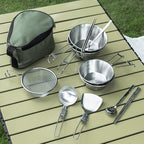 Stainless Steel Camping Tableware Kit with Bowls Strainer Spatula Spoon Chopsticks Storage Bag for Hiking Picnic