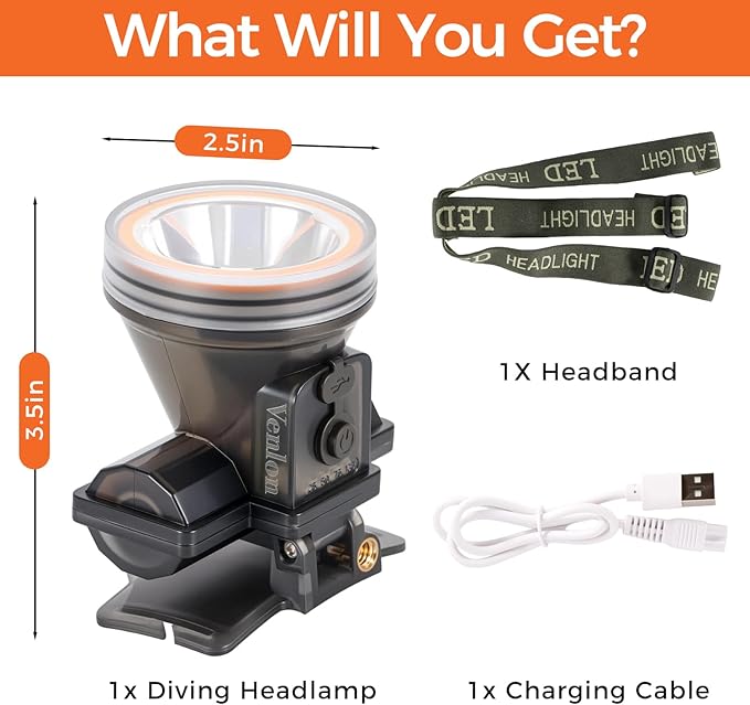 Rechargeable Diving Headlamp, IPX8 Waterproof Underwater Flashlight, 4 Modes with Battery Level Indicator,10H Runtime Scuba Dive Light with Battery & USB Charger Cable (Mode302 White Light)