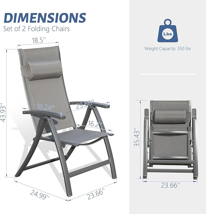 Domi Patio Outdoor Sling Chairs Set of 2 with Moveable Headrest, Folding Chairs Outdoor Reclining Camping Chairs with Armrest Adjustable High Backrest
