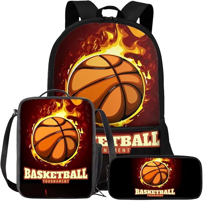 Rnyleeg Basketball Backpack for Boys Cool School Backpack with Lunch Box 3 Pcs Bookbag Set for Elementary Students Back to School Gifts for Kids