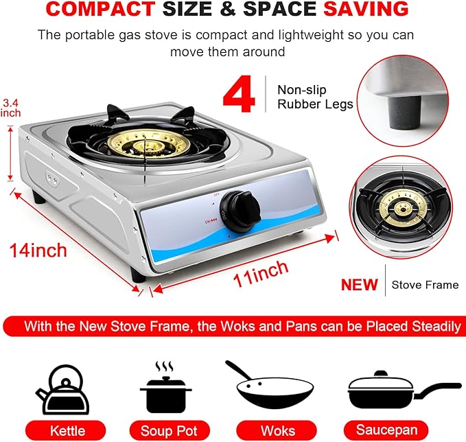 Propane Gas Cooktop，Single Burner Gas Stove Stainless Steel Portable Gas Stove，Auto Ignition Camping Single Burner LPGfor RV, Apartments, Outdoor