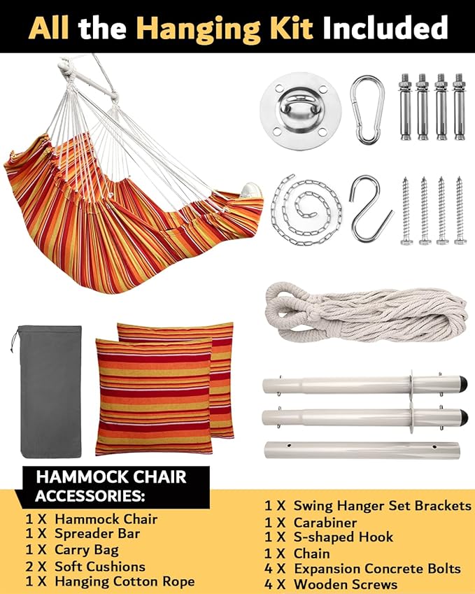 ADVOKAIR Hanging Hammock Chair Large Swing Chair with Foot Rest and Hardware,Max 500lbs,Steel Spread Bar with Anti Slips, 2 Cushions and Side Pocket,Indoor/Outdoor Use…