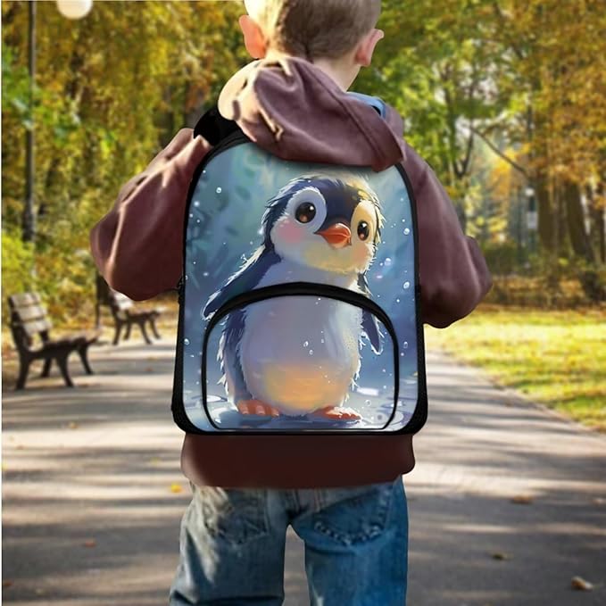 Penguin School Backpack Set for Boys Elementary School Bookbags with Lunch Box and Book Sleeve Casual Primary Bookbag Kindergarten Schoolbags 3 in 1