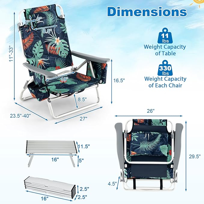 Giantex Folding Beach Chair, Patio Sling Chairs with 5 Adjustable Position, Head Pillow, Storage Bag, Towel Bar, Cup Holders, Backpack Chairs for Sunbathing, Camping Chair