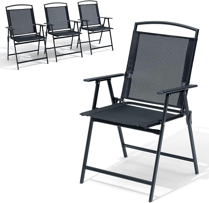 Crestlive Products Patio Folding Chairs Set of 4, Foldable Outdoor Chairs with Durable Rust-Resistant Frame and Breathable Textilene Material for Outside, Black