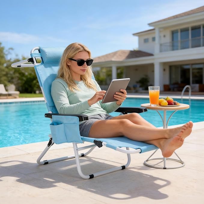 MOPHOTO Oversized Beach Lounge Chair, 5-Position Adjustable Tanning Chair with Face Hole, Heavy Duty Folding Chaise Lounge for Beach, Pool, Patio & Sunbathing