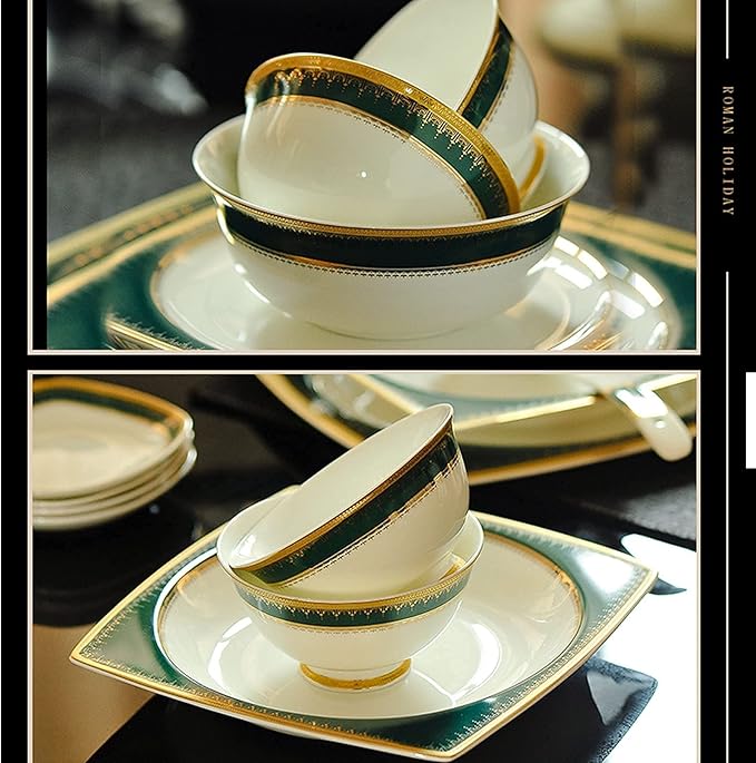 Square Stoneware Tableware Set 58-Piece Phnom Penh Bone China Porcelain Tableware Set, Service for 6-10, Green