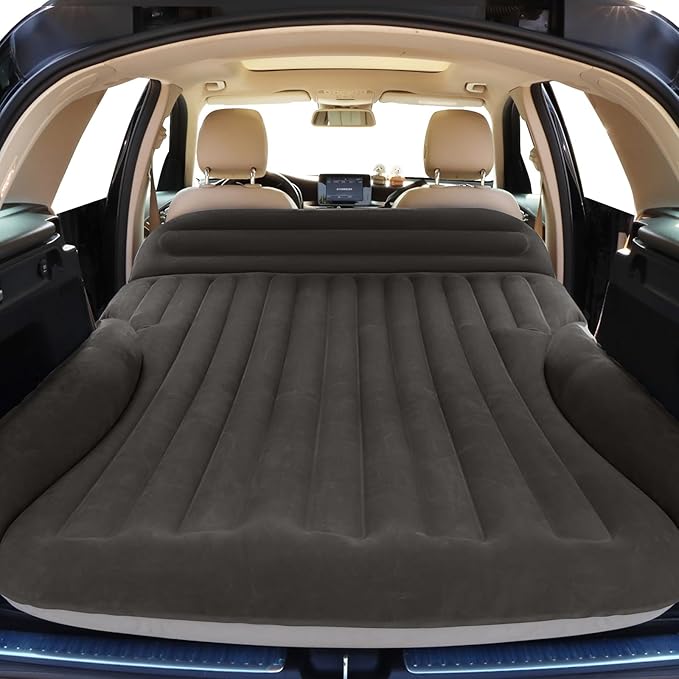 SUV Air Mattress, Double-Sided Thick Flocked Car Air Mattress with Built-in Pump & Pillow, Complete Sleeping Accessories for Auto Camping & Road Trips（Dark Coffee）