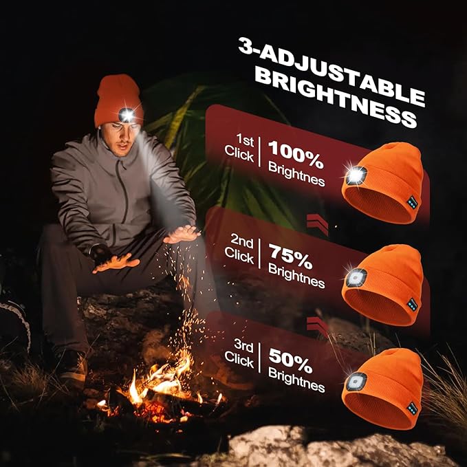 Gifts for Men, Rechargeable Bluetooth Music Unisex Beanie Hat with Light, Valentines Day Gifts for Him, Birthday Gifts for Men, Women, Orange