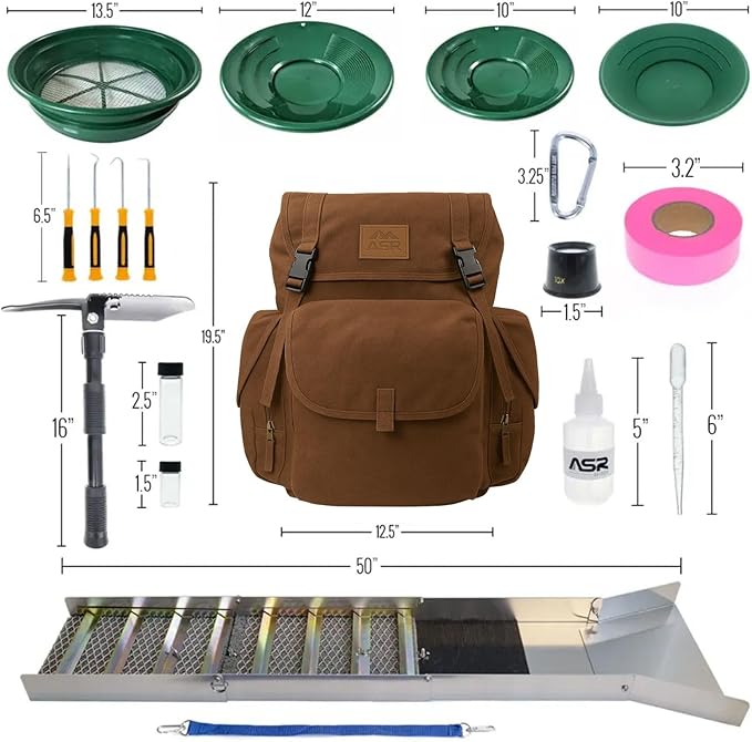 ASR Outdoor 24pc Deluxe 50" Folding Sluice Box Kit with Backpack Gold Prospecting Tools, Brown