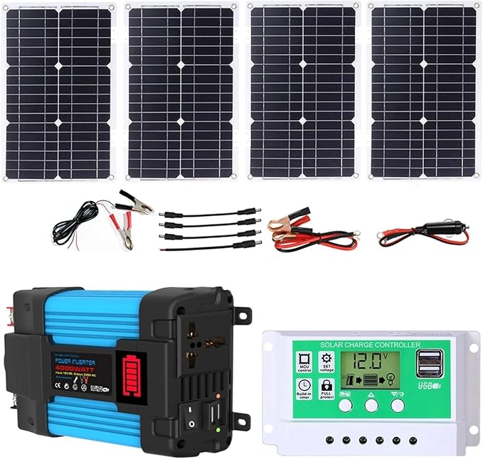 100W Solar Panel Kit with 4000W/6000W DC 12V to AC 220V/110V Inverter and 50A Controller, Complete Solar System for Home and Outdoor Power Generation(300W,12v-110v)