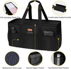 LHZK Stand Up Extra Large Utility Tote Bag with Lid, Utility Tote Bag with Metal Wire Frame and the Sides Rinforced, Reusable Grocery Bags Foldable, Beach Bag, Car Tote (Black)