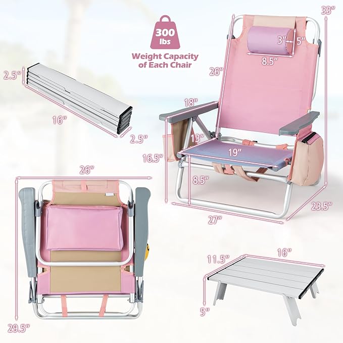 Goplus Beach Chair, Folding Backpack Beach Chairs for Adults with 5 Positions, Head Pillow, Cooler Bag, Towel Bar, Cup Holders, Sunbath Sling Tanning Lounge, Foldable Layout Camping Chairs