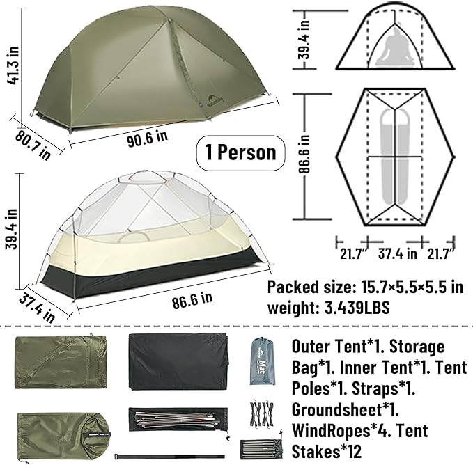 Naturehike 2025 Mongar Pro/Base Camping Tent, 1-3 Person Ultralight Backpacking Tent, 20D Nylon 3 Season Waterproof Mongar 2 Person Hiking Tent for Backpacker, Trip, Solo Camping