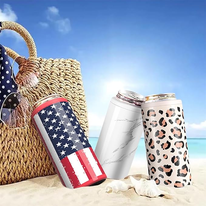 TILUCK Skinny Can Cooler for Slim Beer & Hard Seltzer, Stainless Steel, Doucle-Walled Stainless Steel Insulated Slim Cans, Standard 12 oz (Leopard Print)