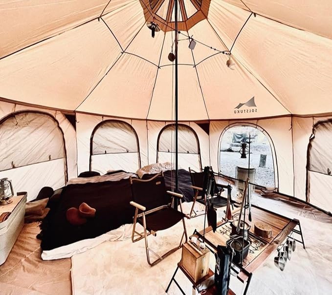 SOLSTUKU 4 Season Canvas Bell Tent, 270 sq ft, 9.8 ft Peak Height, 10 Person, Free Standing, Zipper Closure, Compact Style, Camping & Hiking, Family Camping, Cold-Weather, Outdoor Activities