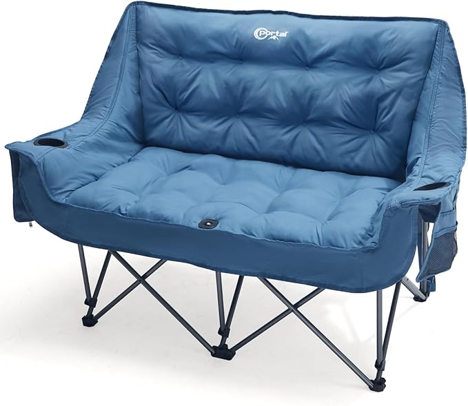 PORTAL Double Camping Chair, 2 Person Folding Loveseat for Adults, Padded Cushion Camp Lawn Love Seat with Side Pocket Portable Couch, Two Person Heavy Duty Wide Chairs with Cup Holder, 600 lbs