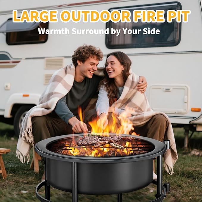 Fire Pits for Outside Wood Burning，3 in 1 Split Fire Pit with Rotating Table, Grill, Poker & Waterproof Cover, Portable Heavy Duty Steel Outdoor Firepit for Camping, Patio, Backyard