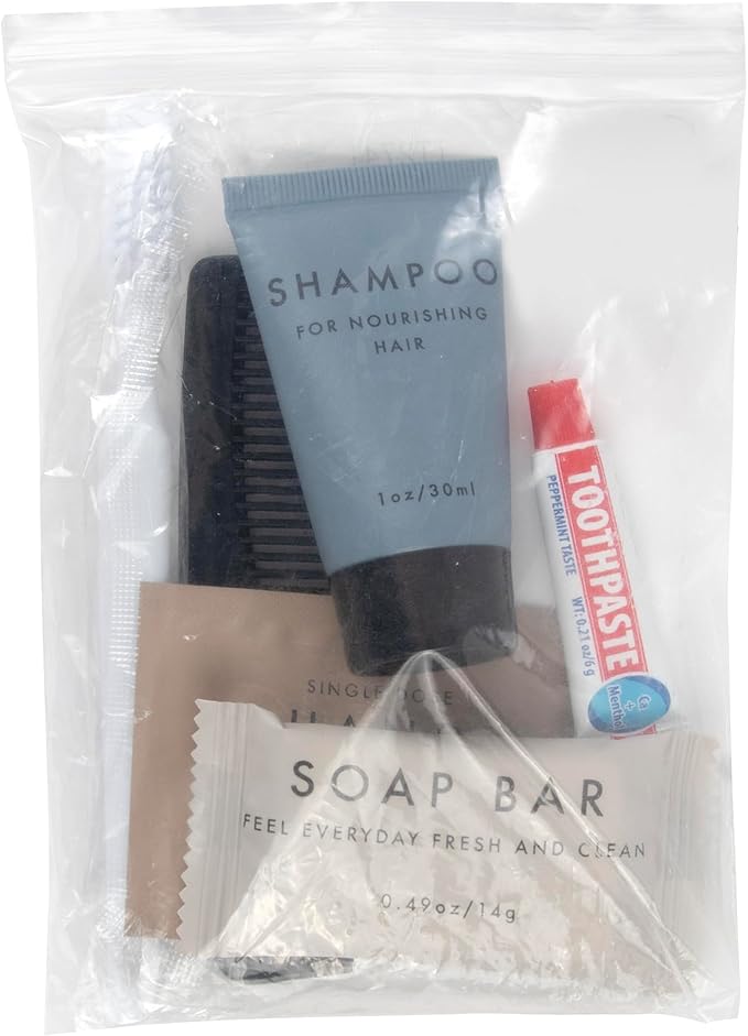 45 Piece Camping Backpack Outdoor Hygiene Kit Essentials, Individually Wrapped Personal Hygiene Kits for Homeless Men, Women (12 Kits of 45 Pieces)
